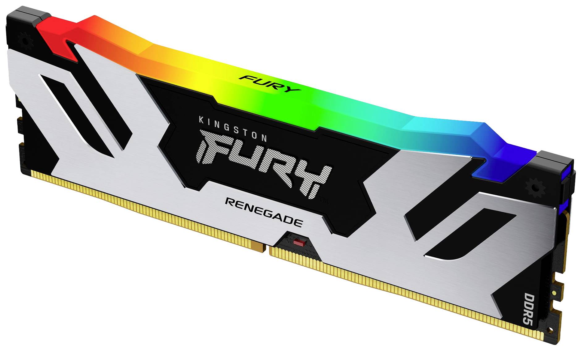 Ein Kingston Fury Renegade DDR5-RAM-Modul mit farbigem LED-Streifen, geeignet für Hochleistungs-PCs.
