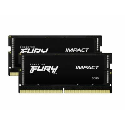 Zwei Kingston Fury Impact DDR5 SODIMM-RAM-Module, schwarz mit weißer Schrift, liegen nebeneinander.