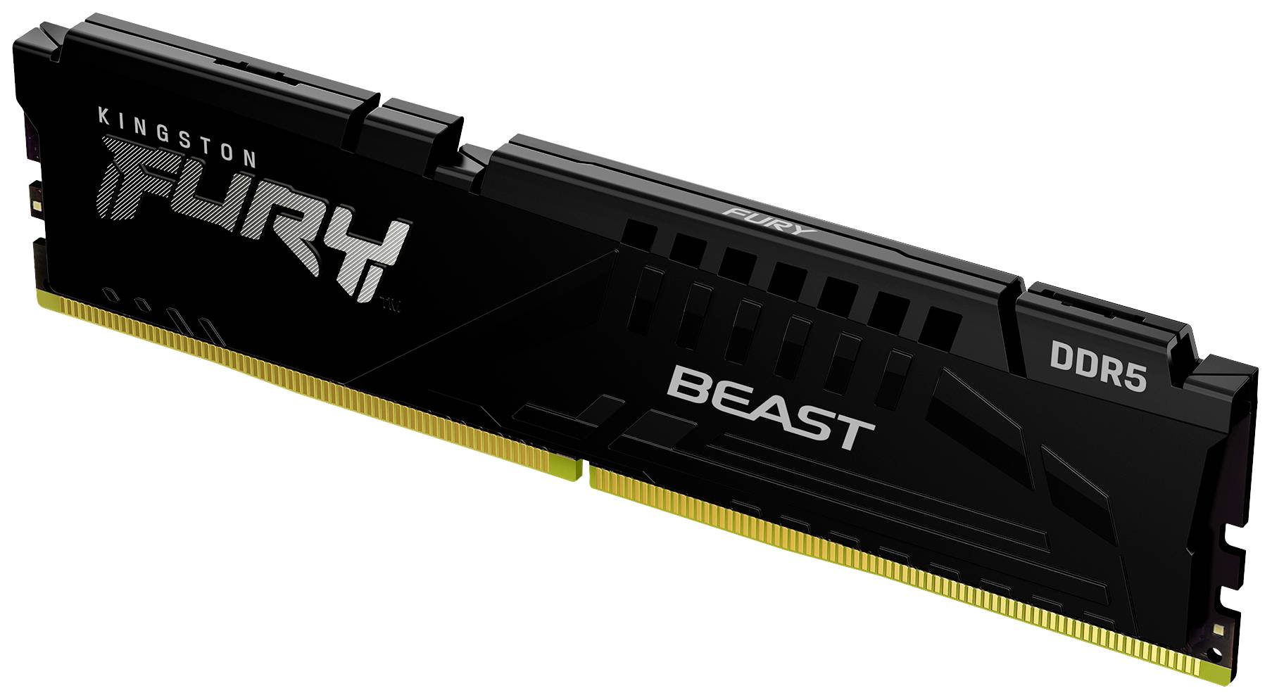 Schwarzer Kingston Fury Beast DDR5 RAM-Riegel mit goldfarbenen Kontakten, seitliche Markenlogos sichtbar.