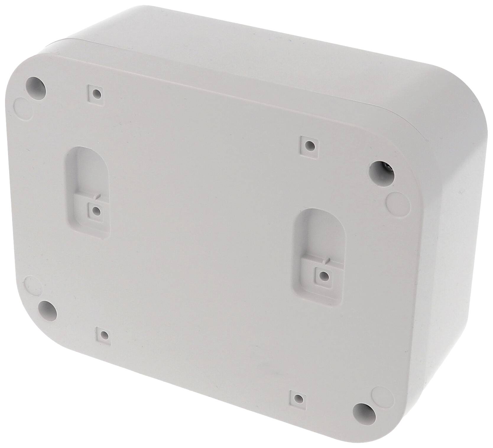Weiße, rechteckige Kunststoffbox mit abgerundeten Ecken und mehreren Befestigungslöchern.