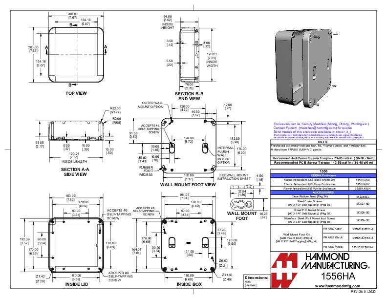 Konstruktionszeichnung eines Gehäuses mit mehreren Ansichten: Draufsicht, Innenansicht, Seitenansicht. Maße und Details für Montage und Maße sind angegeben. Hersteller: Hammond Manufacturing.