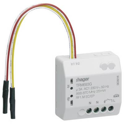 Ein weißes Hager TRM693G Unterputzmodul mit Drähten in Gelb, Rot und Weiß. Es zeigt technische Details und Anschlüsse.