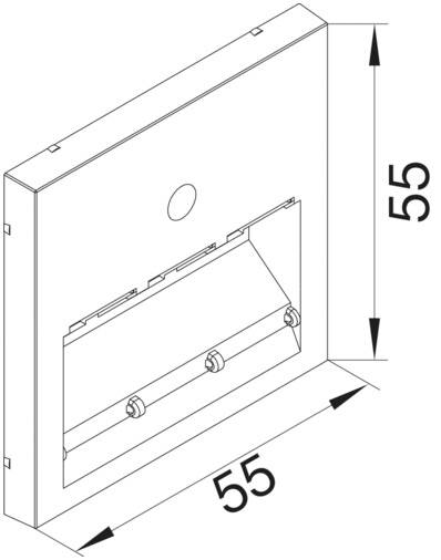 Skizze eines quadratischen Strukturelements mit einer Kantenlänge von 55 cm, zeigt eine Öffnung mit Klappe und drei Schraubenlöchern.