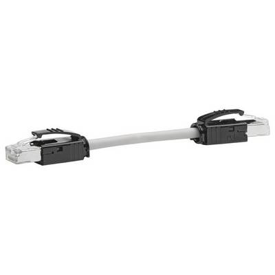 Ein kurzes Netzwerkkabel mit zwei RJ45-Steckern an den Enden, geeignet für Netzwerkverbindungen oder Computeranschlüsse.