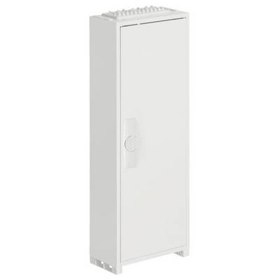 Ein weißer, hoher Schrank, aufrecht stehend, mit einer durchgehenden Tür und einem Griff in der Mitte.