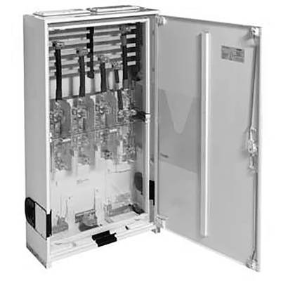 Geöffnetes technisches Gehäuse mit mehreren Fächern und elektrischen Komponenten, vermutlich Teil einer Schaltanlage.
