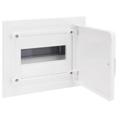 Weiße Verteilerbox mit geöffneter Tür, zeigt ein leeres Fach zur Installation von elektrischen Komponenten, an der Wand montiert.
