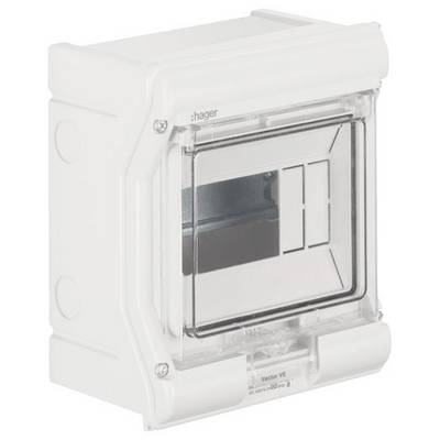 Elektrischer Verteilerkasten mit transparentem Deckel, zwei Fächern und der Aufschrift 'Hager Vector VE42 '. Ideal für Wandmontage.