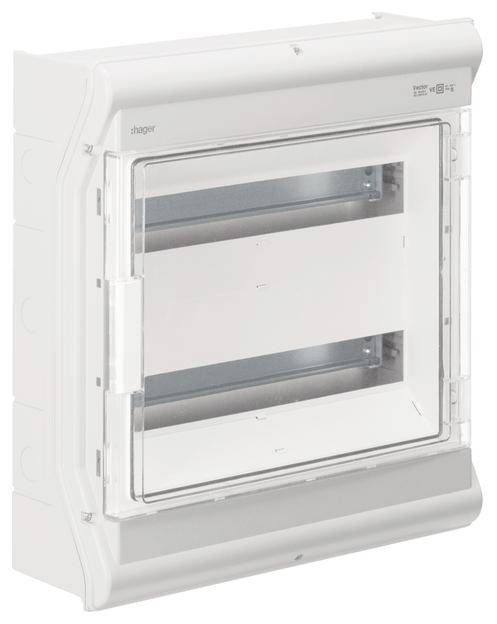 Weißer, leerer Sicherungskasten mit transparenter Abdeckung, geeignet zur Aufnahme von Elektrosicherungen in einem Gebäude.