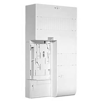 Ein weißer, vertikaler Sicherungskasten mit mehreren Fächern und Abdeckungen, geeignet zur Organisation elektrischer Leitungen in Gebäuden.