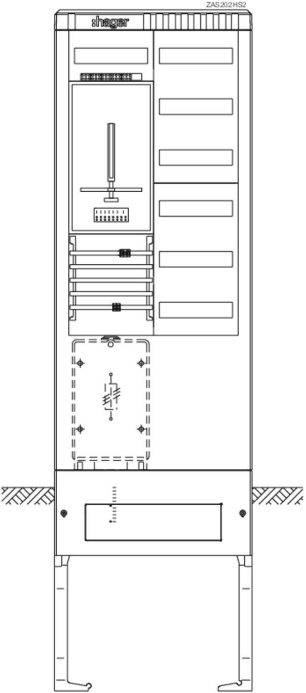 Diagramm eines Schaltschranks mit mehreren Abschnitten, darunter Schalter und Sicherungen. Oben ist das Herstellerlogo sichtbar.