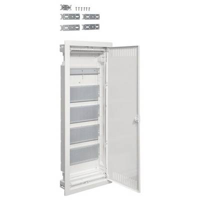 Geöffneter Schrank mit perforierten Ablagen und Tür. Oberhalb liegen Schrauben und Scharniere zur Installation bereit.