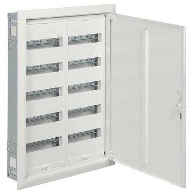 Ein geöffneter Verteilerkasten mit mehreren Reihen zur Installation von elektrischen Komponenten, Tür schwenkt nach rechts.