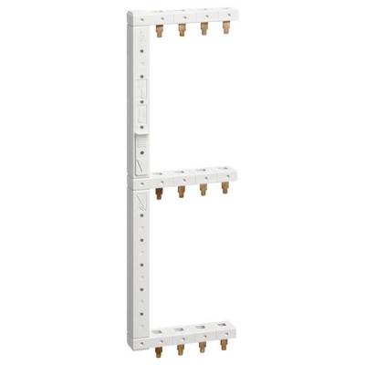Weiße elektrische Sammelschiene mit mehreren Kupferkontakten, verwendet zur Verbindung von Schaltern oder Schutzgeräten in einem Verteiler.