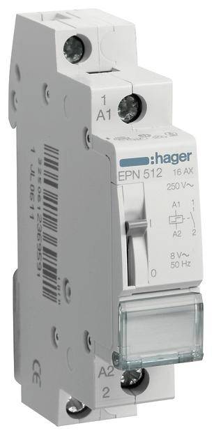 Ein grauer Stromschutzschalter der Marke Hager, Modell EPN 512, mit einer Leistung von 16 AX und einer Spannung von 250 V~.