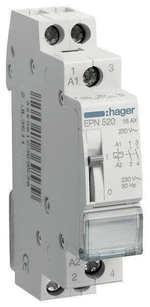 Ein Hager EPN 520 Installationsschütz mit 16 AX, geeignet für 230 V~ und 50 Hz. Es hat vier Anschlüsse und einen Umschalter.