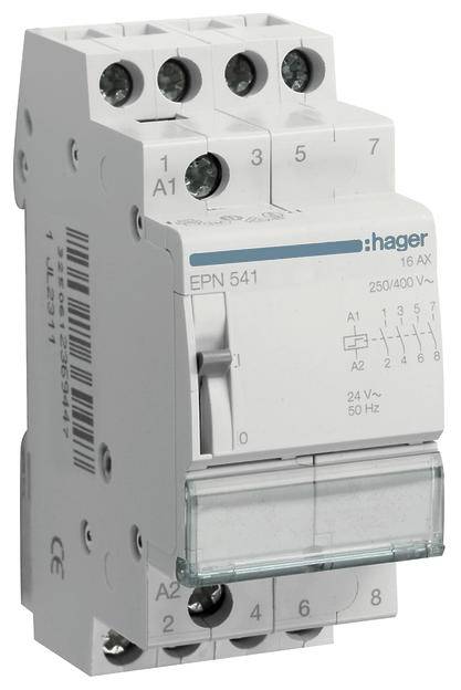 Ein elektrischer Installationsschütz mit der Modellnummer 'EPN 541' von Hager. Entwickelt für 16 Ampere und Spannungen von 250/400 V.