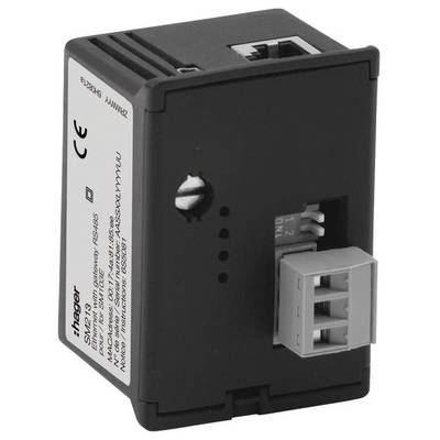 Ein rechteckiges, schwarz-graues elektrisches Steckermodul mit technischen Spezifikationen und Anschlüssen auf der Vorderseite.