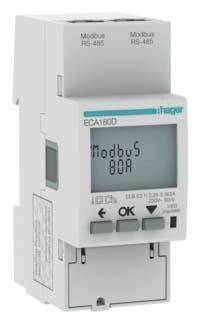 Digitaler Energiezähler mit Display zeigt 'Modbus 80A'. Tasten: 'OK', 'Zurück', 'Weiter'. Herstellername auf der Oberseite.
