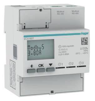 Stromzähler mit digitalem Display zeigt 'Modbus 3.80A'. Tasten und Anschlüsse sichtbar, geeignet für Energieüberwachungssysteme.