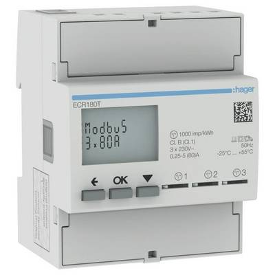 Digitaler Energiezähler mit Display, das 'Modbus 3x80A' anzeigt. Zeigt Messwerte und Konfigurationen. Hager-Logo rechts oben.