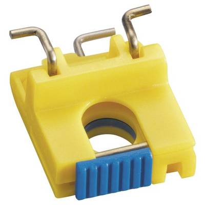 Gelber Klemmbock mit blauem Einsatz, zeigt Metallhaken oben, hardwarebezogenes Bauteil.