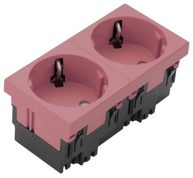 Zwei rosa Steckdosen in einem schwarzen Gehäuse. Ideal für Elektrikinstallationen mit farbigem Design.