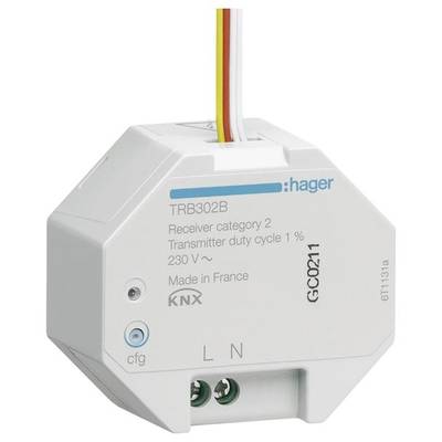 Elektronisches Gerät für Gebäudeautomation, Marke Hager, Modell TRB302B. Nutzt KNX-Technologie, Anschlussklemmen L und N sichtbar.