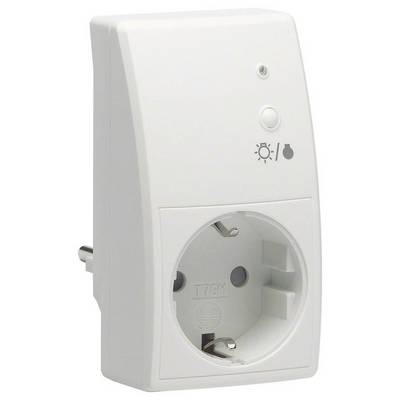 Ein weißer Steckdosenadapter mit einer runden Steckdose und Symbolen für Licht und Temperatur auf der Vorderseite.