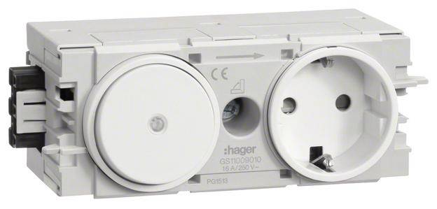 Eine doppelte Steckdose der Marke Hager, geeignet für 16A/250V. Sie ist rechteckig und hat zwei runde Buchsen mit Schutzkontakten.