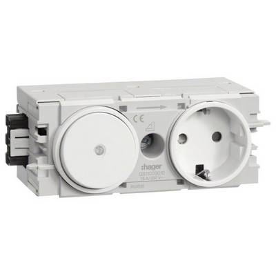 Eine doppelte Steckdose der Marke Hager, geeignet für 16A/250V. Sie ist rechteckig und hat zwei runde Buchsen mit Schutzkontakten.