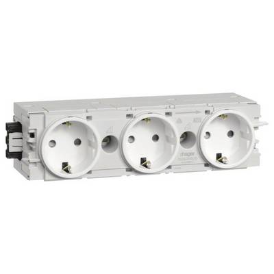 Drei weiße Steckdosen nebeneinander auf einer grauen Trägerplatte, geeignet für europäische Stecker, mit Schutzkontakt und Kindersicherung.