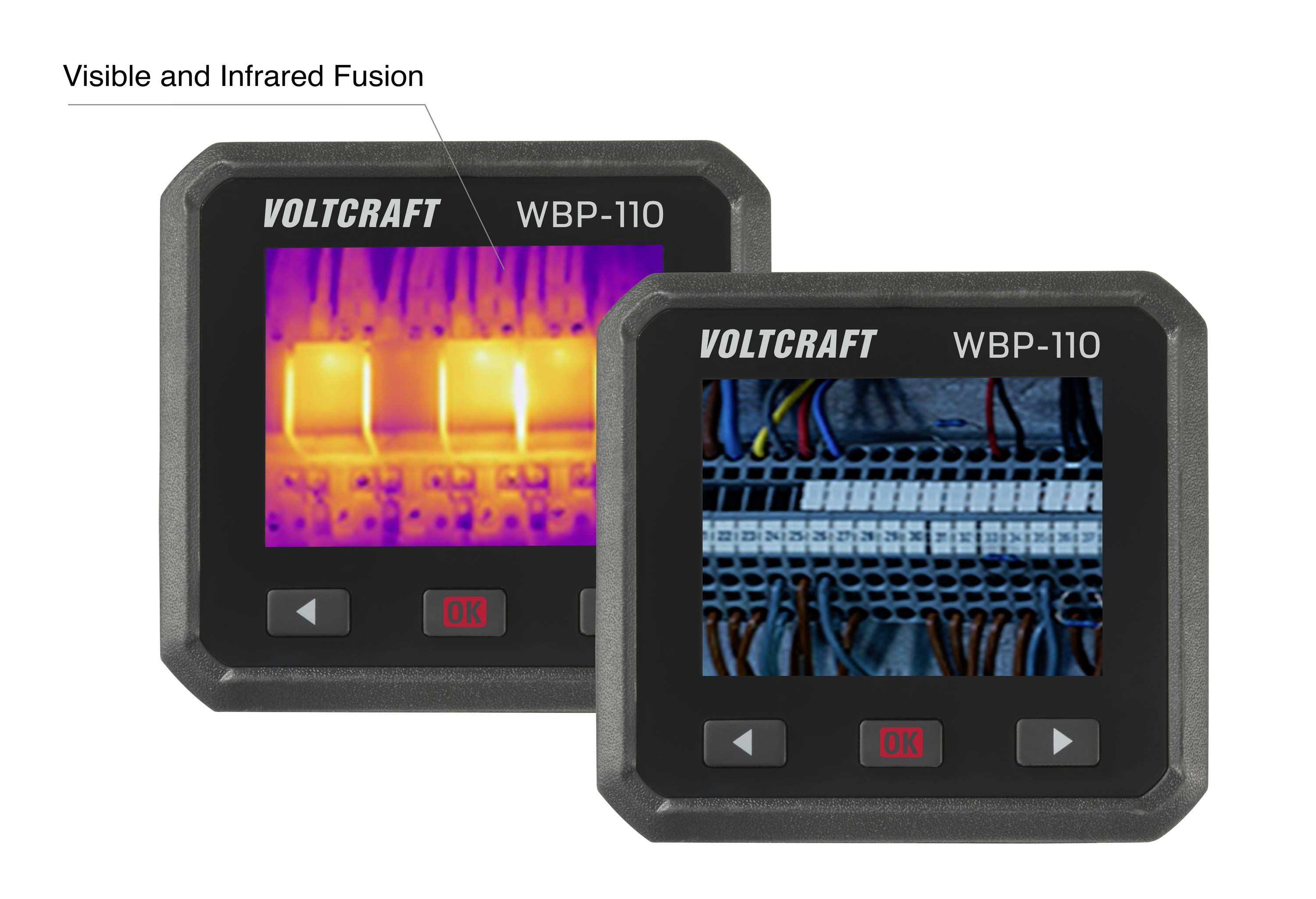 Zwei digitale Displays des Voltcraft WBP-110, zeigen links ein Wärmebild und rechts eine Infrarotansicht elektrischer Kabel.