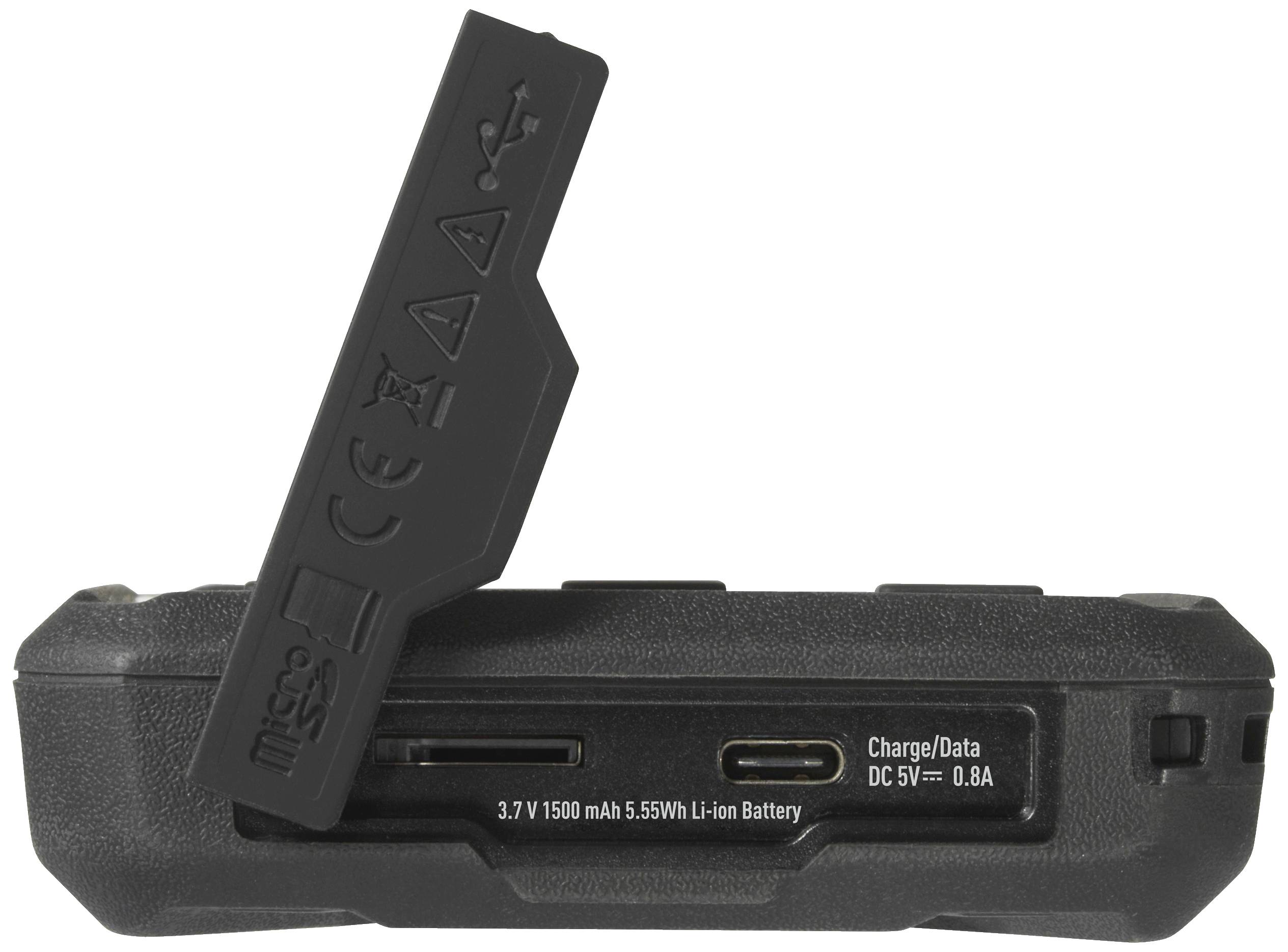 Ein Gerät mit einem geöffneten Fachdeckel, sichtbar sind Symbole und Ladekontakte. Hinweistext zur Batterie: '3.7V 1500 mAh 5.55Wh Li-ion Battery'.