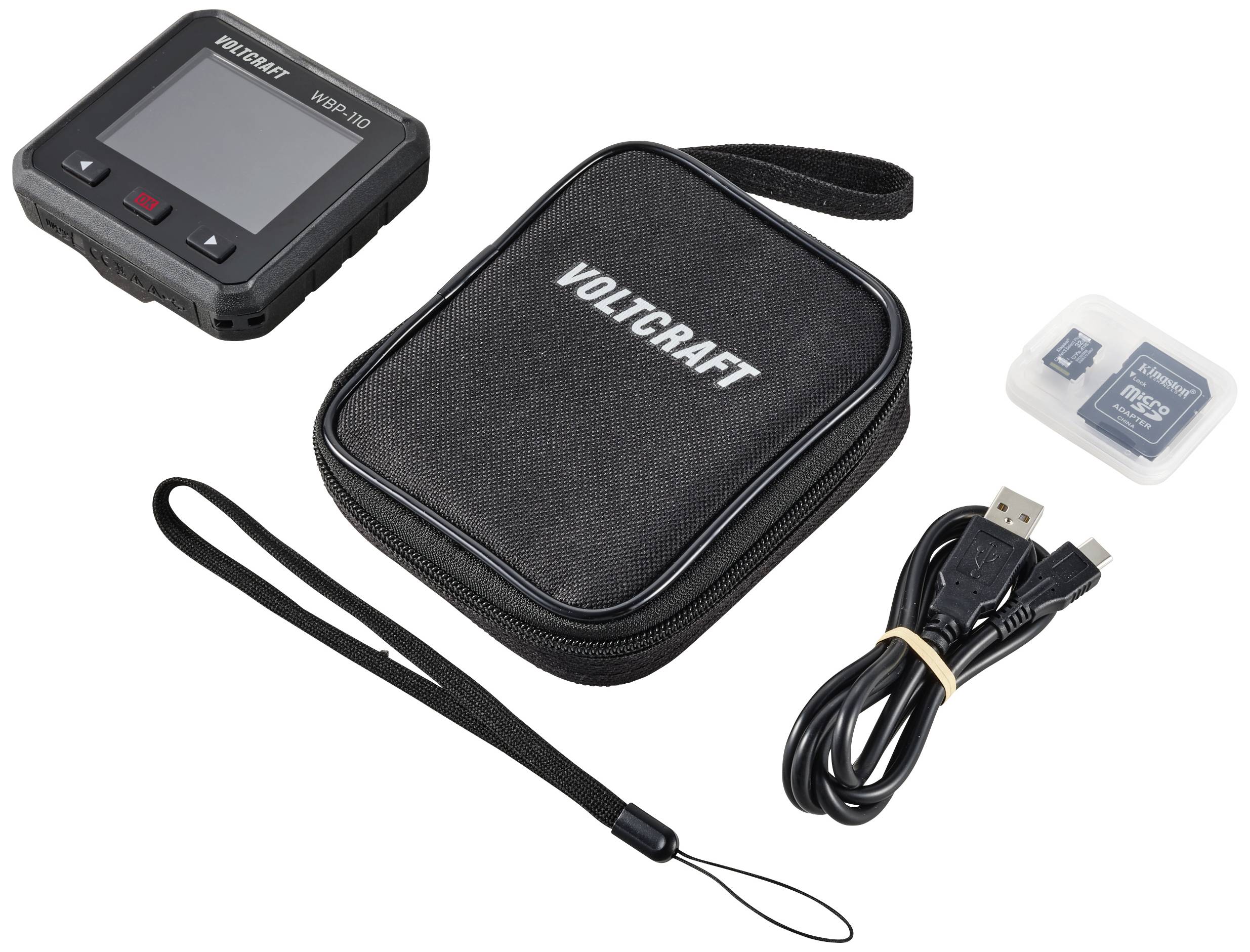 Kamera-Set mit Tragetasche, USB-Kabel, SD-Karte und Trageschlaufe, alles mit 'Voltcraft'-Logo versehen.