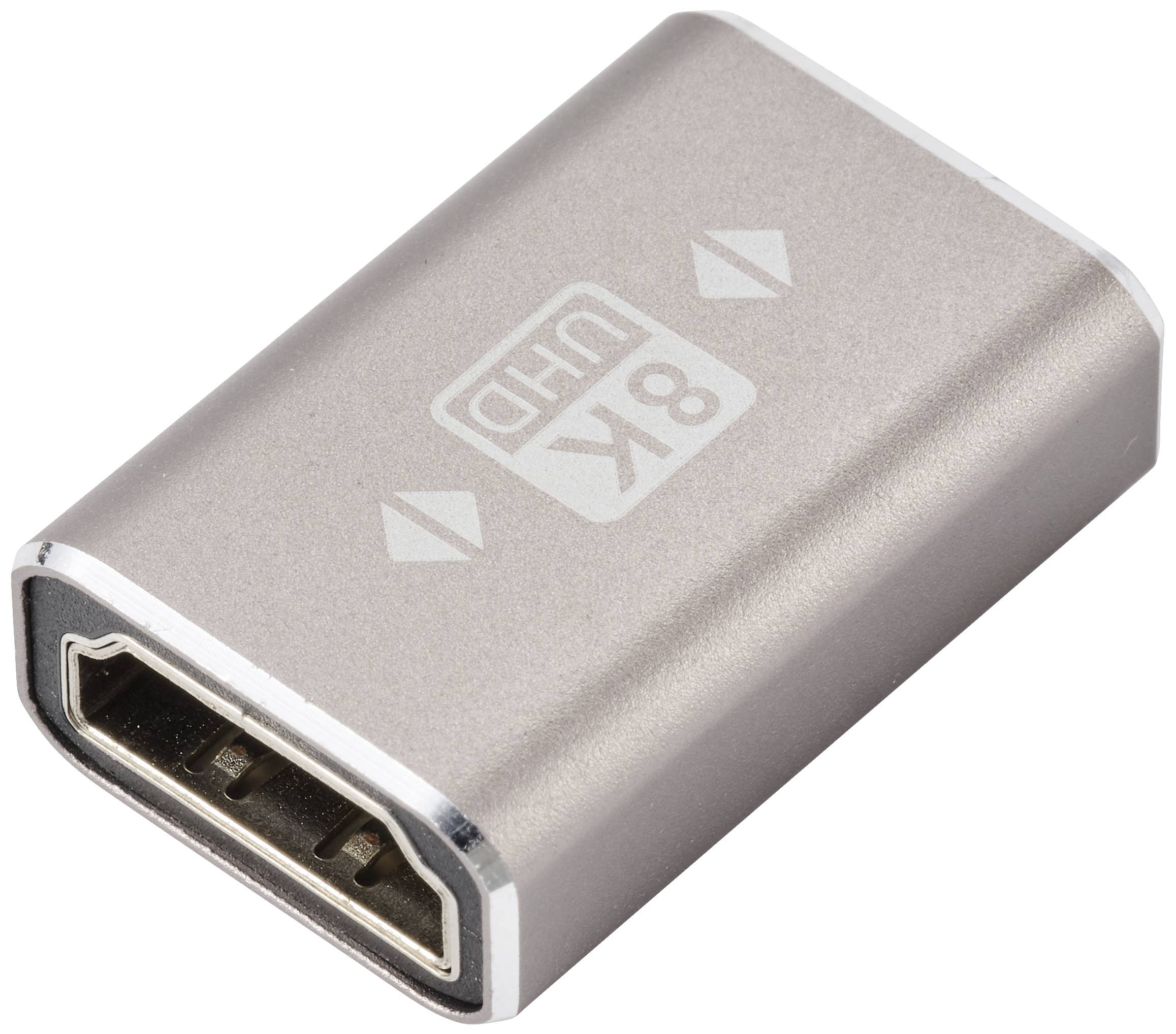 Ein silberner Adapter mit HDMI-Anschluss und der Aufschrift '8K UHD', geeignet für hochauflösende Videoübertragungen.