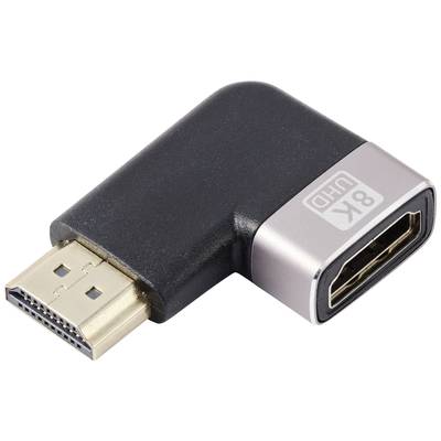 Ein schwarzer, rechtwinkliger HDMI-Adapter unterstützt '8K UHD' Auflösung, mit goldenem Stecker und silbernem Gehäuseende.