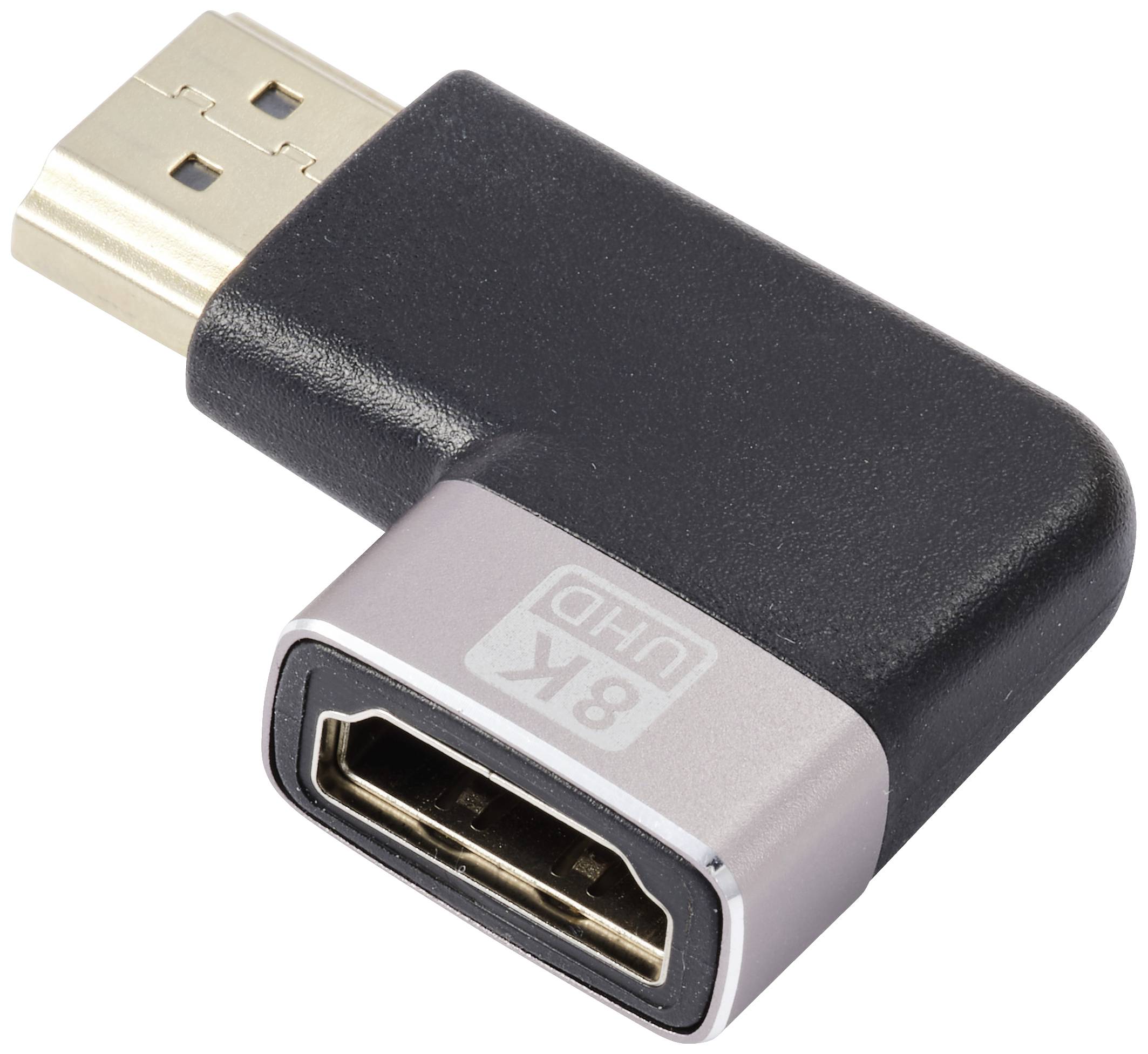 Ein schwarzer L-förmiger HDMI-Adapter mit einem goldenen Stecker und einer weiblichen 8K UHD HDMI-Buchse.