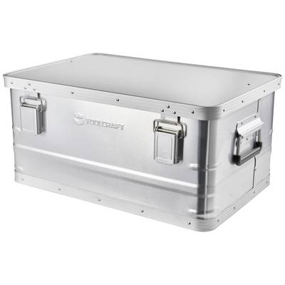 Silberne Aluminiumbox mit robusten Verschlüssen und Griffen, geeignet zur sicheren Aufbewahrung und Transport von Werkzeugen und Materialien.