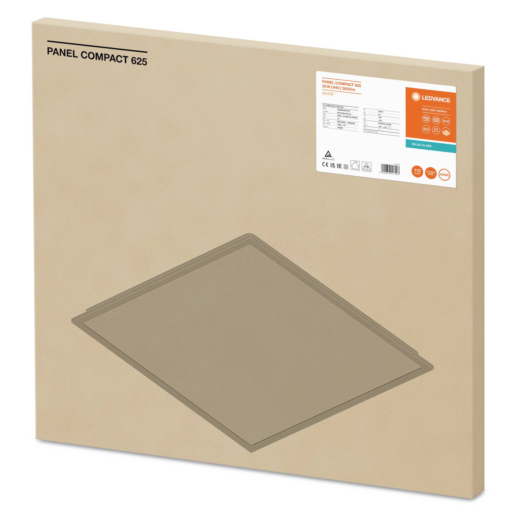 Verpackung eines LEDVANCE 'Panel Compact 625' LED-Panels. Zeigt Produktkennzeichnung und Sicherheitsaussagen auf der Kartonoberfläche.