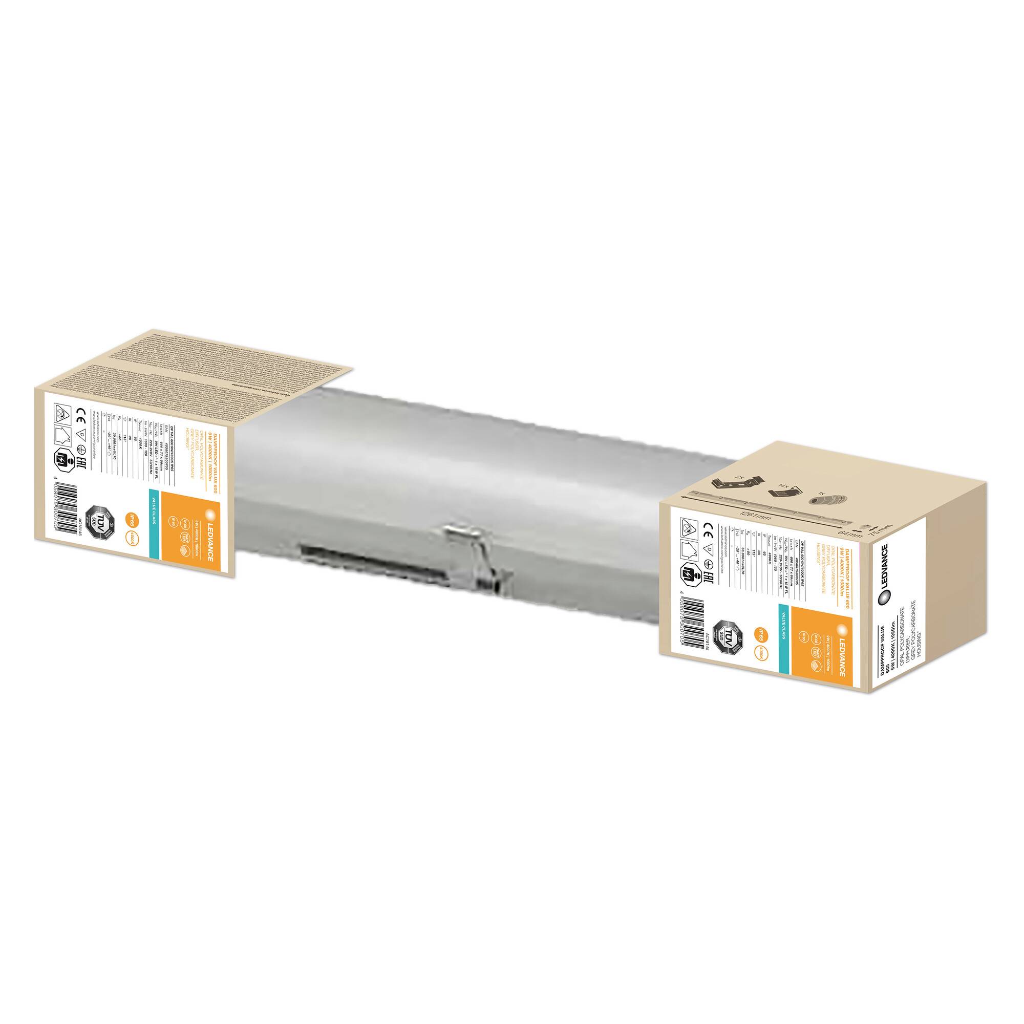 Eine längliche Metallbox mit zwei Kartons an den Enden, die Produktlabels, Sicherheitshinweise und technische Spezifikationen zeigen.
