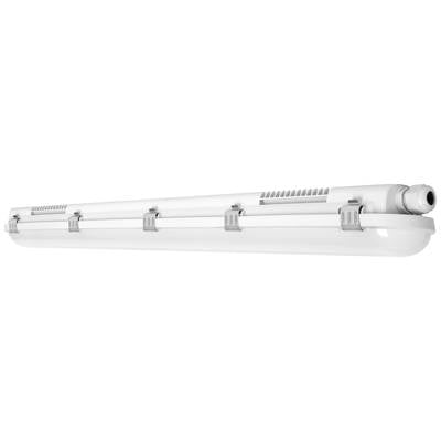 Eine längliche, weiße LED-Leuchte in einem Schutzgehäuse mit mehreren Clips zur Befestigung.