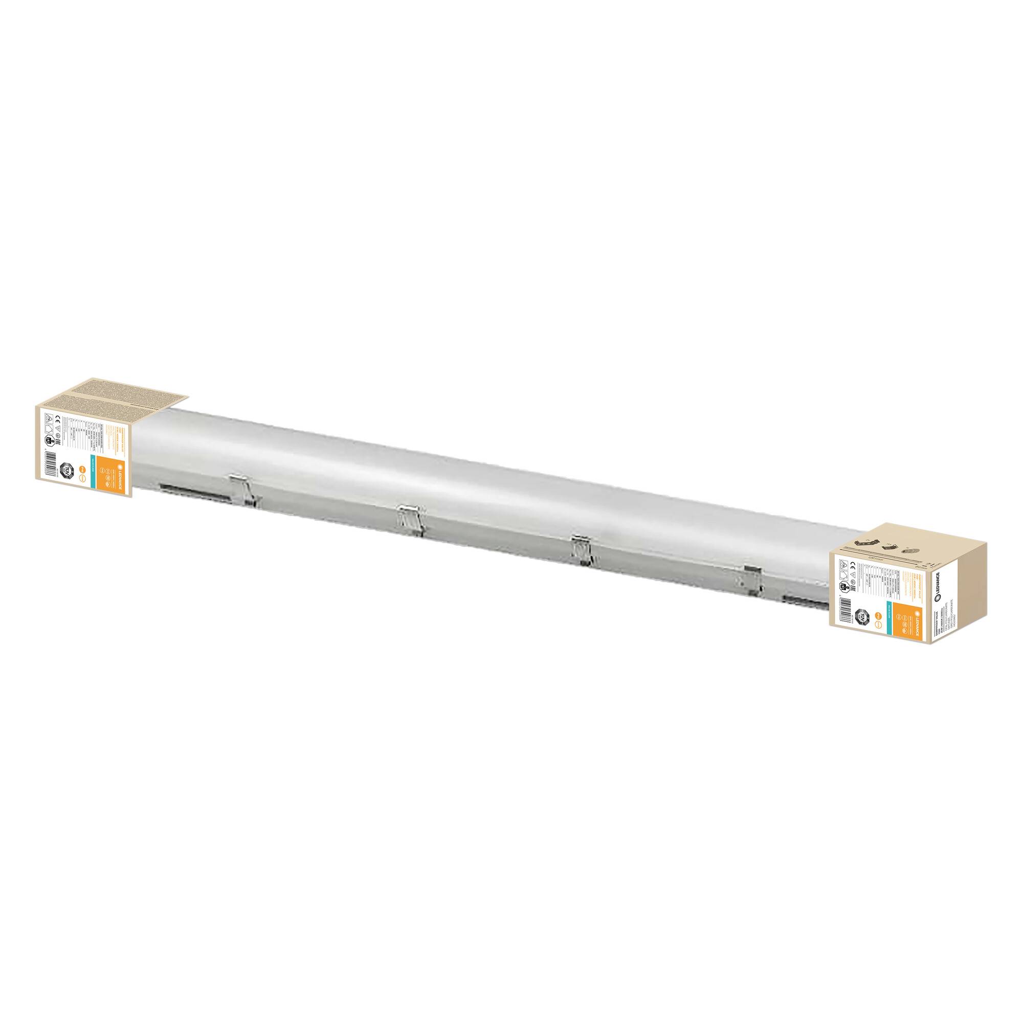 Ein länglicher LED-Lichtbalken in grauem Gehäuse mit Verpackung an beiden Enden. Geeignet für den Innenbereich.