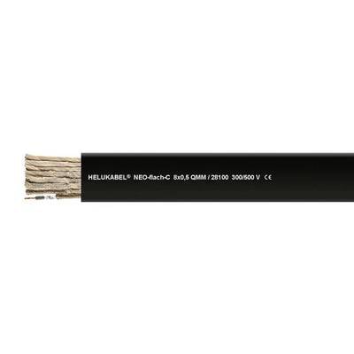 Querschnitt eines schwarzen Kabels mit der Aufschrift 'HELUKABEL NEO-flach-C 8x0,5 QMM / 28100 300/500 V CE', zeigt Kupferlitzen.