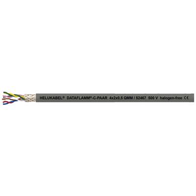 Graues abgeschirmtes Kabel mit der Aufschrift 'HELUKABEL D DATAPUR C-PAIR 4x2x0.5 80°C 800V halogen-free'. Farbig isolierte Drähte sichtbar.