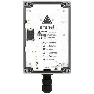 Ein weißes Gerät mit dem Logo 'aranet', das Netzwerkverbindungen über Sensoren, Mobilfunk, Wi-Fi und Ethernet unterstützt.