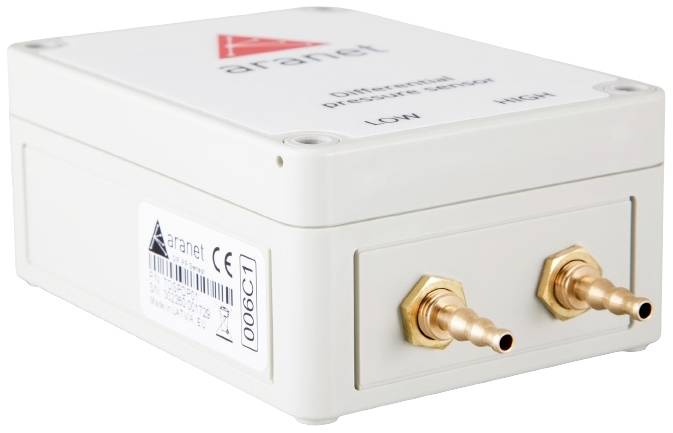Ein rechteckiges, weißes Geräte-Gehäuse mit zwei Messinganschlüssen und einem Etikett der Marke 'aranet'.