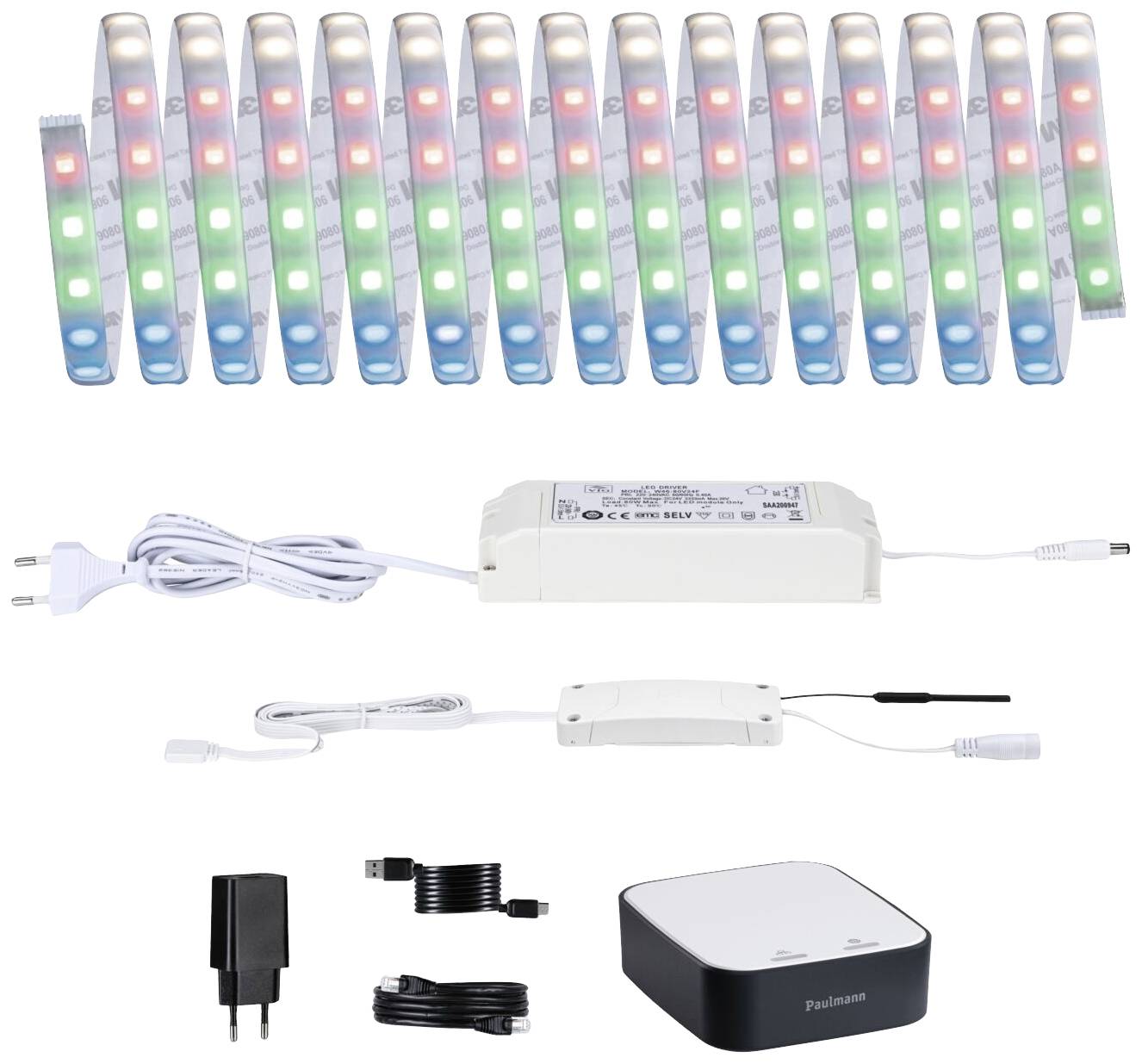 Ein LED-Lichtstreifen-Set mit Netzteil, Anschlusskabel und Steuergerät, zur farbigen Beleuchtung von Räumen.