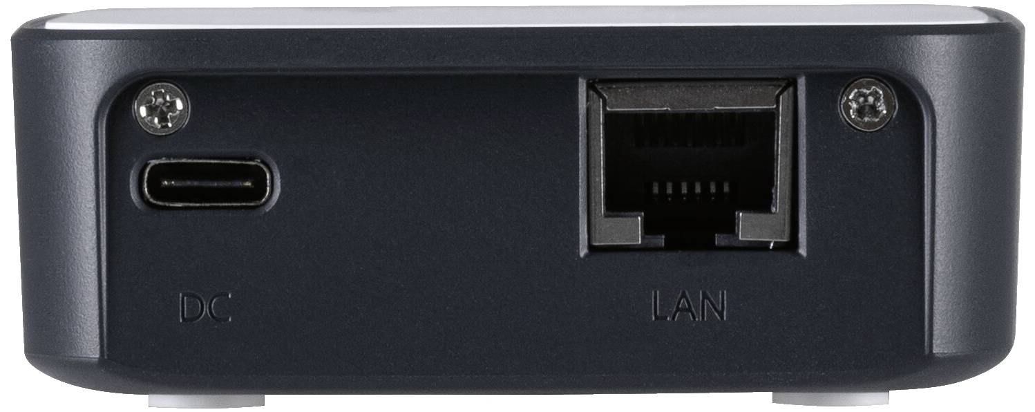 Ein kleines schwarzes Gerät mit zwei Anschlüssen: links ein Typ-C-Anschluss für Strom (DC) und rechts ein Ethernet-Anschluss für LAN.