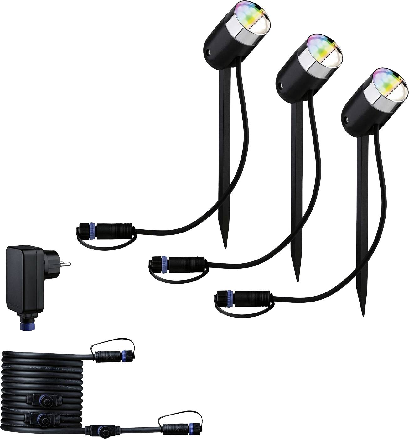 Drei schwarze Gartenleuchten mit Erdspießen und Netzteil, verbunden über ein langes Kabel, projizieren mehrfarbiges Licht für Außenbereiche.